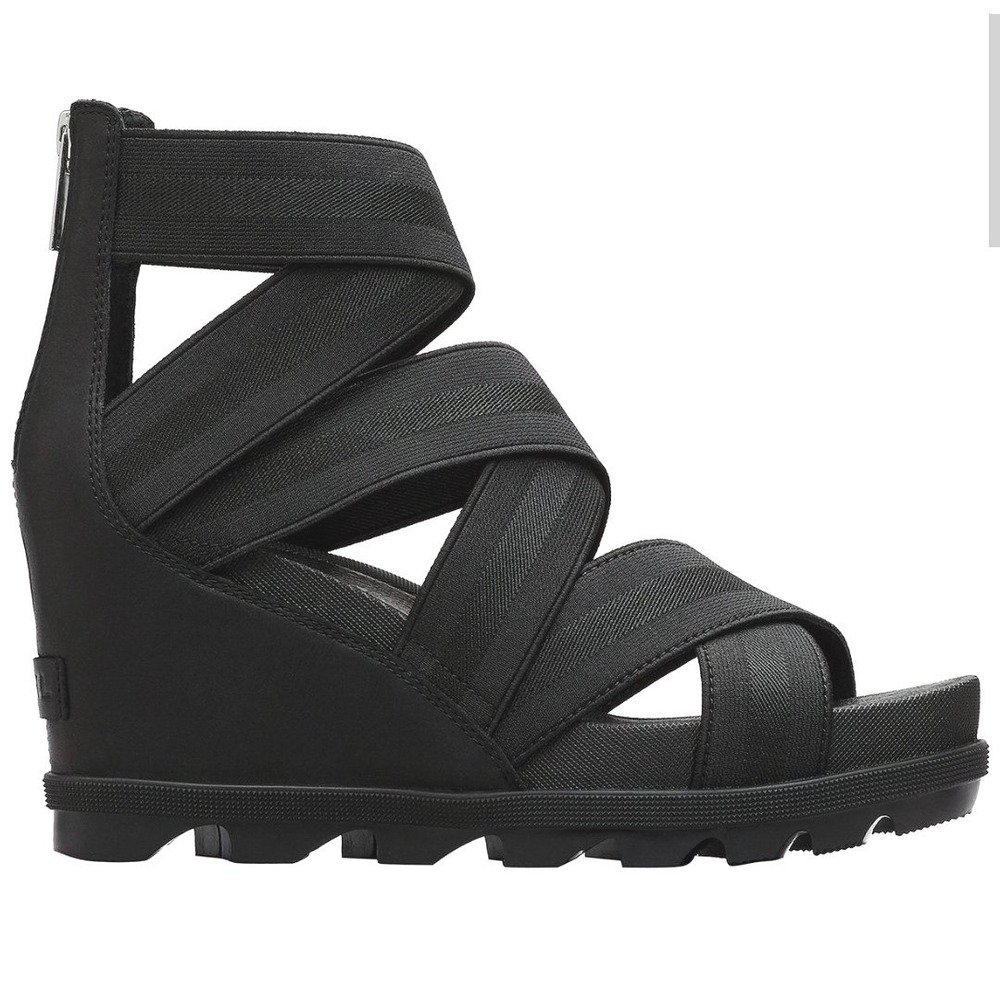 Sorel Joanie II Women 10 Black Strappy Gladiator Wedge Sandals Back Zip Lug Sole